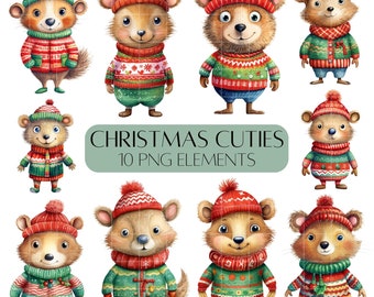 Cute Christmas character clipart set Animals in Christmas jumpers Commercial use PNG clipart pack