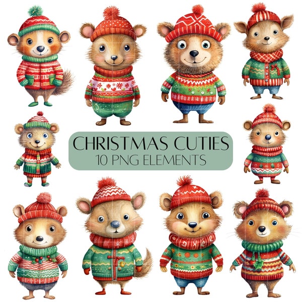 Cute Christmas character clipart set Animals in Christmas jumpers Commercial use PNG clipart pack