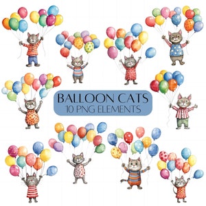 Cat clipart PNG set for birthday party invitations Cats holding balloons cute clipart Commercial use
