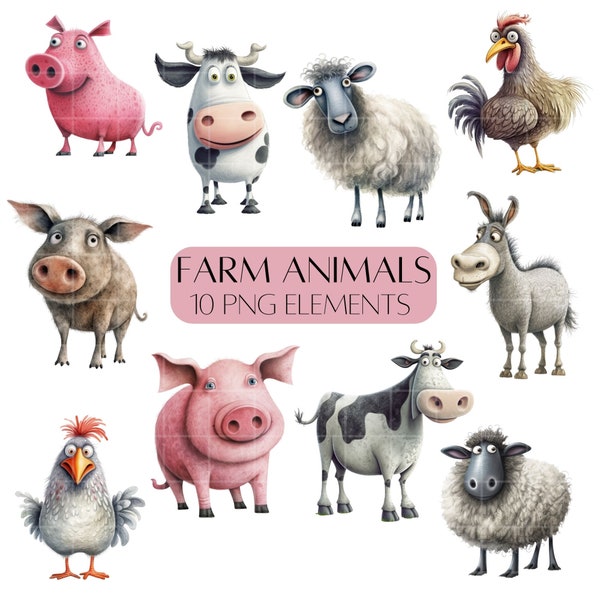 Clipart farm animals pack PNG Commercial use clipart Pigs Cows Sheep Cockerel Farm themed clipart Cute animal digital files
