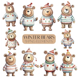 Winter bears clipart pack bears in Christmas jumpers Christmas clipart PNG Commercial use
