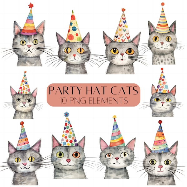 Cats in party hats clipart set for birthday invitations PNG For commercial use Cat lovers clipart