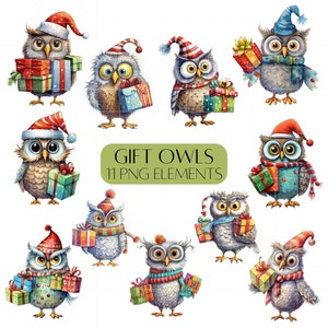 Ensemble de cliparts de Noël chouette hiboux tenant des cadeaux de Noël usage commercial clipart PNG scrapbooking numérique oiseau clipart