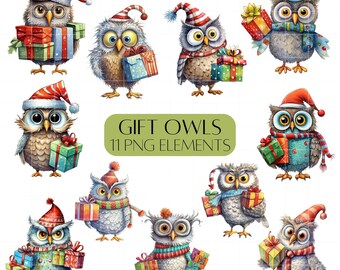 Owl Christmas clipart set Owls holding Christmas presents Commercial use clip art PNG Digital scrapbooking Bird clipart