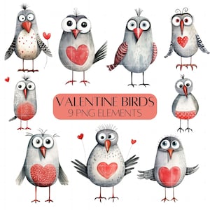 Clipart pour la Saint-Valentin PNG Mignons oiseaux avec coeurs d'amour Usage commercial Pack de cliparts oiseau