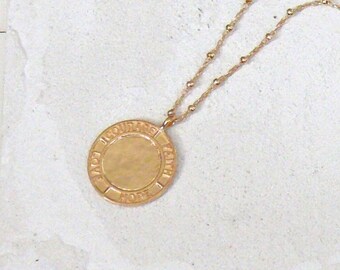 Gold necklace, free gift with order, hammered circle pendant and satellite ball chain, gift for her