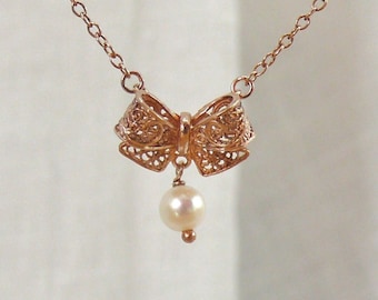 Filigree necklace, rose gold necklace, bow pendant, pearl filigree, gift for her