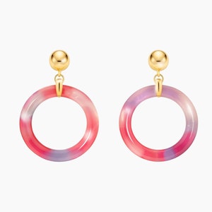 Pink Tortoiseshell Hoop Earrings: 14k Gold Vermeil Dangle Earrings