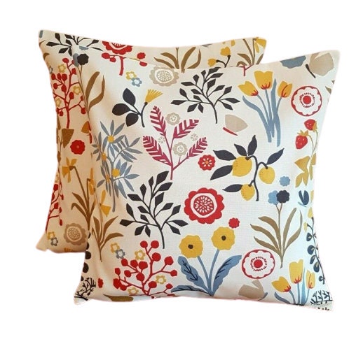 Cushion Cover Frida Indigo Cranberry Red Floral Leaf Design | Etsy UK