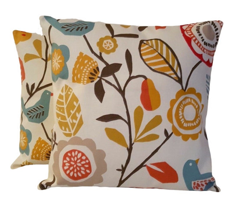 Cushion Cover Spice Folki Bird Floral Orange Blue Design - Etsy UK