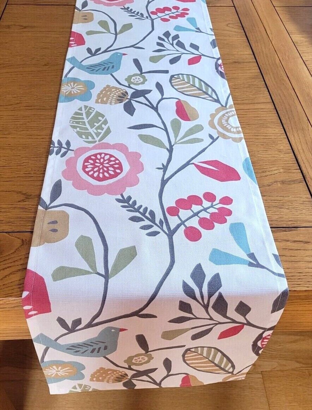Table Runner Folki Pastel Pink Blue Bird Floral Design Etsy