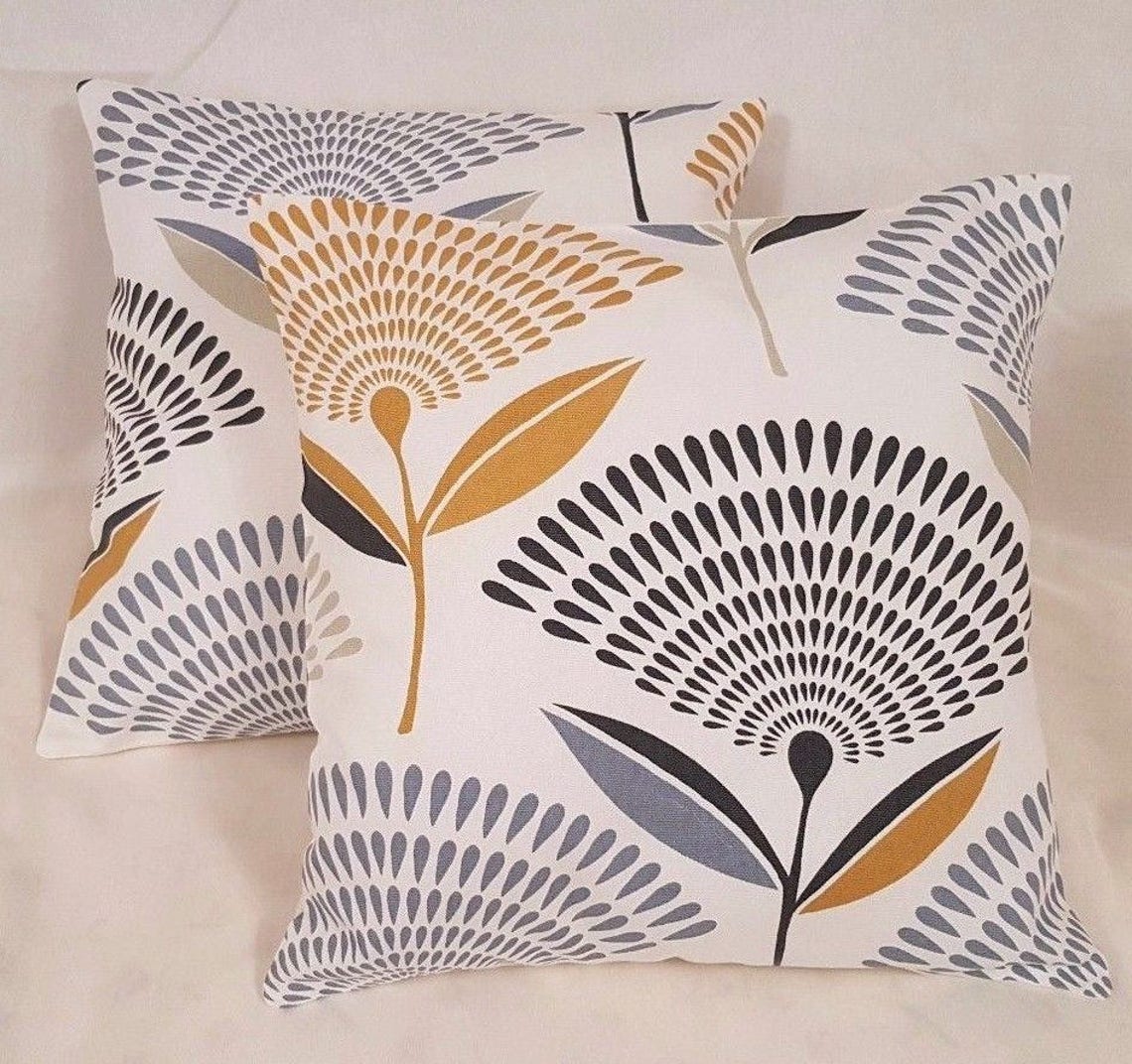Cushion Cover Floral Dandelion Saffron Yellow Grey Design Etsy