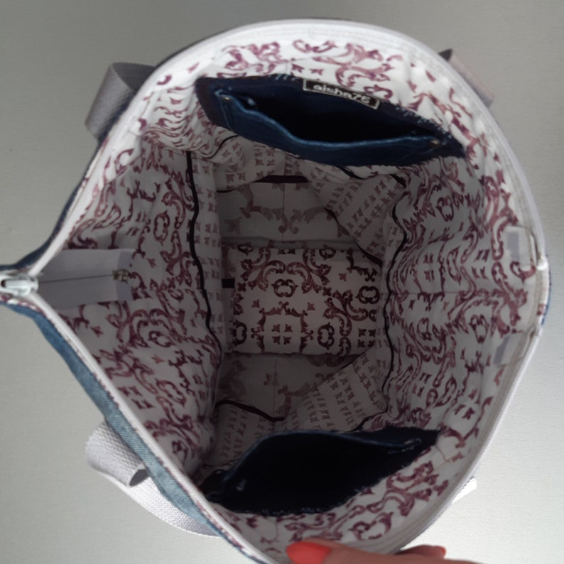 Denim reusable shopping bag with pockets Upcycled jeans product Large canvas tote Insulated texture fabric basket Stranger things natural