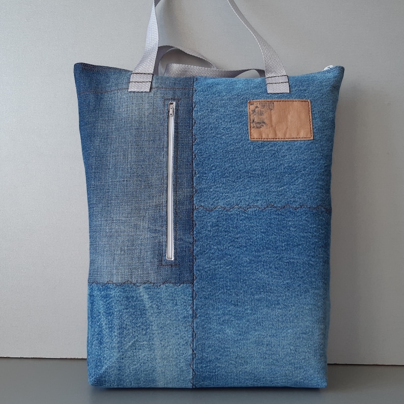 Denim reusable shopping bag with pockets Upcycled jeans product Large canvas tote Insulated texture fabric basket Stranger things natural