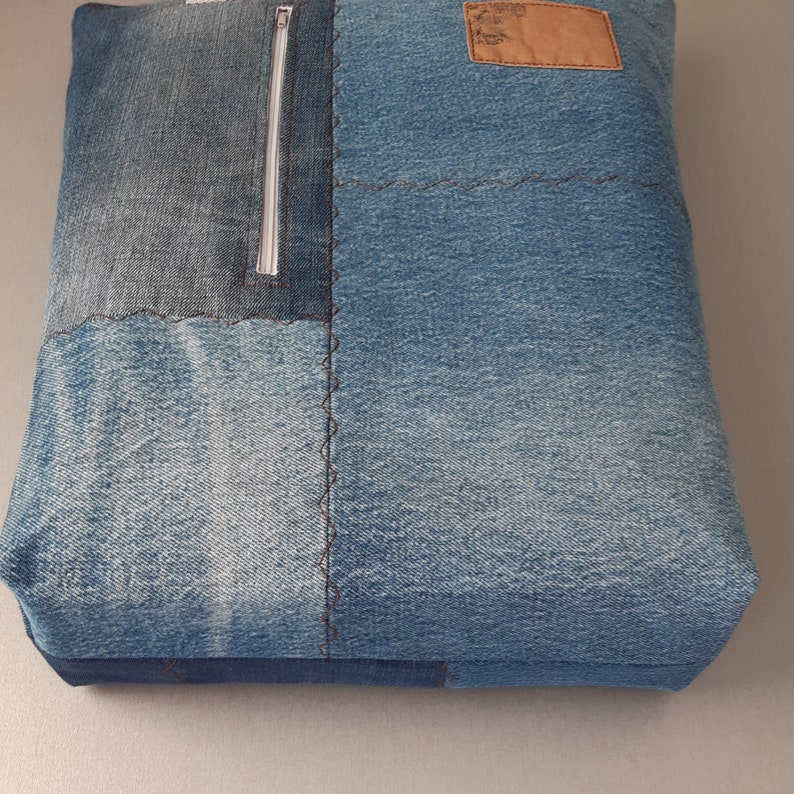 Denim reusable shopping bag with pockets Upcycled jeans product Large canvas tote Insulated texture fabric basket Stranger things natural