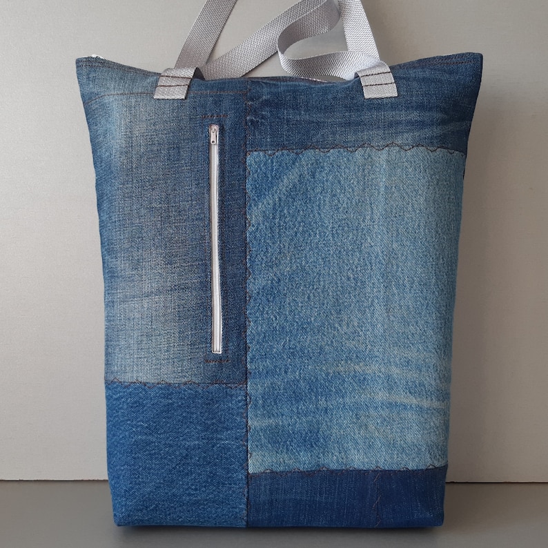 Denim reusable shopping bag with pockets Upcycled jeans product Large canvas tote Insulated texture fabric basket Stranger things natural