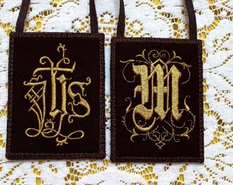 Ready to Mail | Brown Scapular | Exterior Pockets 3 x 4 inch Size 100 Percent Woven Wool Metallic Gold I.H.S. Marian Monogram