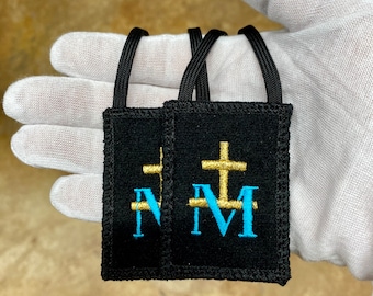 Mantle Of Mary® | Black Wool Scapular  With 2 Exterior Pockets |  2 x 2.50 inch Size | 100 Percent Woven Wool  | Coreless Black Paracord