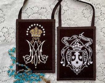MANTLE OF MARY® Brown Scapular Auspice Maria with Crown | Mount Carmel | Woven Wool