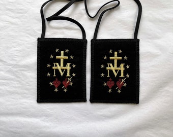 MANTLE OF MARY® Black or Brown Wool Scapular Miraculous Medal Design,  3 x 4 inch Wool Panels in Light Gold and Burgundy