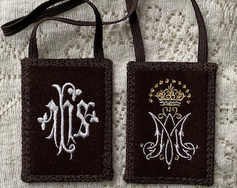 MANTLE OF MARY® Brown Scapular | I.H.S. | Auspice Maria and Crown of 12 Stars | Optional Upgrade Exterior Pocket