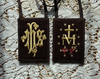 Mantle Of Mary® Brown Scapular | IHS and Miraculous Medal Design | 2.5 x 3.5 Panels | Exterior Pocket Options