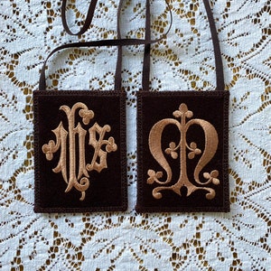 MANTLE OF MARY® Brown Wool Scapular | Light Brown Embroidered I.H.S. and Marian Monogram | 3 x 4-inch Panels