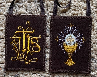 Mantle Of Mary® Brown Scapular | I.H.S. | Gold Chalice  | 100 % Brown Woven Wool | 2.5 X 3.5 inch Brown Wool Panel