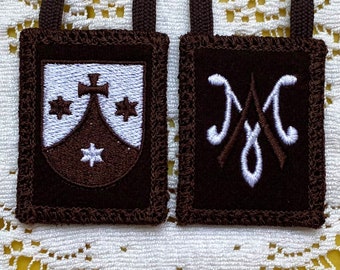 Ready to Mail | Mantle Of Mary® Petite Brown Scapular | Seal of Mount Carmel  |  Auspice Maria |  100 % Woven Wool | 1.5 x 2 inches
