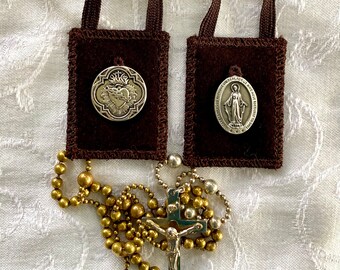 MANTLE OF MARY® Catholic Petite Brown Scapular | Medals Secured to Wool Panels | 1.5 x 2 inch |  2 x 2.75 inch Panels