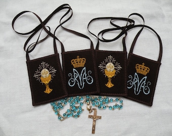 Mantle Of Mary® Brown Scapular| Blessed Sacrament Devotion  |Marian Monogram and Crown  | Gold and Blue Tones |Panel Size Options