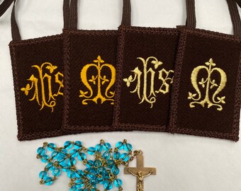 Brown Scapular | I.H.S. and Marian Monogram | Light or Dark Gold Design | Panel Size Options | 18 inch strap