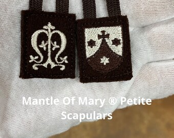 Mantle Of Mary® Micro Size Brown Wool Scapular 1.25 x 1 inch Carmelite Crest and Marian Monogram