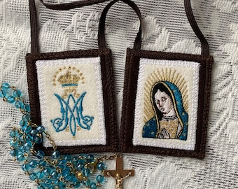 MANTLE OF MARY® Brown Scapular | Our Lady of Guadalupe | Auspice Maria | 2.50 x 2.75 inch Woven Wool Panels