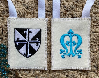 MANTLE OF MARY® White Woven Wool Scapular Dominican Insignia Marian Monogram Option Exterior Pocket 3 x 4  or 4 x 5 inch Size