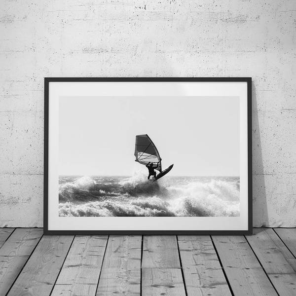 Ocean Photography, Windsurfing Print, Sea Art, Ocean Waves Photo, Water Wall, Black-White Photo, Printable Poster, Digital Download, 3 JPGs