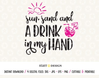 May include: A grey tank top with a pink and black graphic that says "sun, sand and a drink in my hand". The graphic includes a pink sun and a pink cocktail drink with a straw.