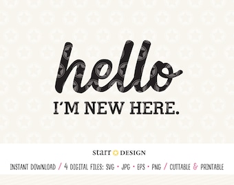 May include: A white onesie with black text that reads "hello I'M NEW HERE."