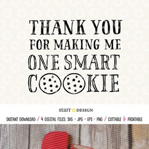 May include: A brown oven mitt with the text "Thank you for making me one smart cookie" and two chocolate chip cookies. The oven mitt is on a wooden surface with a red spatula and a bag of chocolate chip cookie mix.