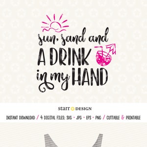 May include: A grey tank top with a pink and black graphic that says "sun, sand and a drink in my hand". The graphic includes a pink sun and a pink cocktail drink with a straw.