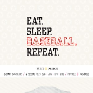 May include: A white t-shirt with a black and red graphic that says "Eat. Sleep. Baseball. Repeat."