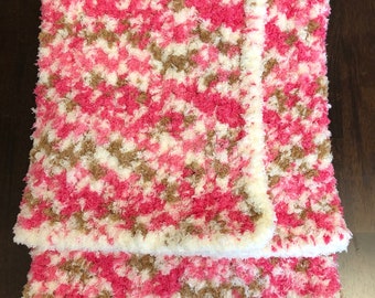 Handmade crochet baby blanket, Pink, brown and white knit blanket, Stroller/travel/car seat blanket, New Baby Gift, Baby Shower Gift