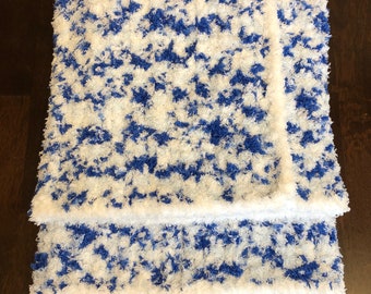 Handmade crochet baby blanket, blue and white knit blanket, stroller/travel/car seat blanket, New Baby Gift, Baby Shower Gift