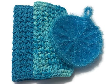 Set of 2 blue handmade cotton crochet dishcloths with pot scrubber/bath scrubby, crochet washcloths, cleaning cloths, gift set