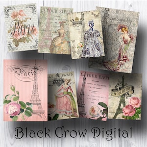 Paris Français Cartes ATC minables; Tour Eiffel; Roses; 2,5 In par 3,5 in; Collage Sheet Instant Download, Imprimable, Scrapbooking, Paper Crafts