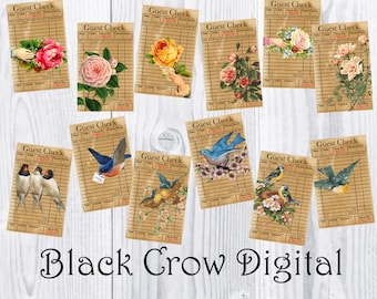 Vintage Guest Checks Floral and Birds / Grungy Junk Journaling / Instant Download; DIY Printable; Scrapbooking