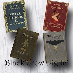 Puede incluir: Cuatro portadas de libros vintage con temática de Halloween. Las portadas son de diferentes colores y presentan ilustraciones de un esqueleto, un murciélago, una bruja y una serpiente. El texto en las portadas incluye "Salem Apothecary", "Spells, Potions & Concoctions", "Witch's Collection", "Of Spells, Charms & Enchantments", y "Potions & Spells".