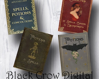 Spells & Potions Witches Book Front Covers / Halloween, Grunge, Gothic, Creepy Vintage Backgrounds / Printable; Instant Download