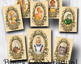 Alicia en el país de las maravillas; ATC, Tarjetas de Gabinete ACEO; 2 1/2" por 3 fondos de 1/2";  Hoja de Collage; Imprimible; Descarga instantánea; Scrapbooking