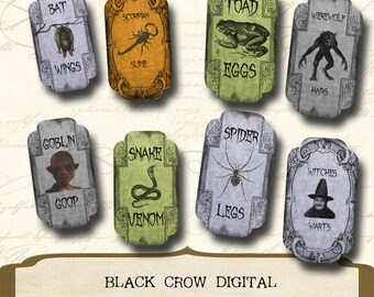 Halloween Apothecary Bottle Jar Labels Tags Printable Instant Download Collage Sheet Scrapbooking